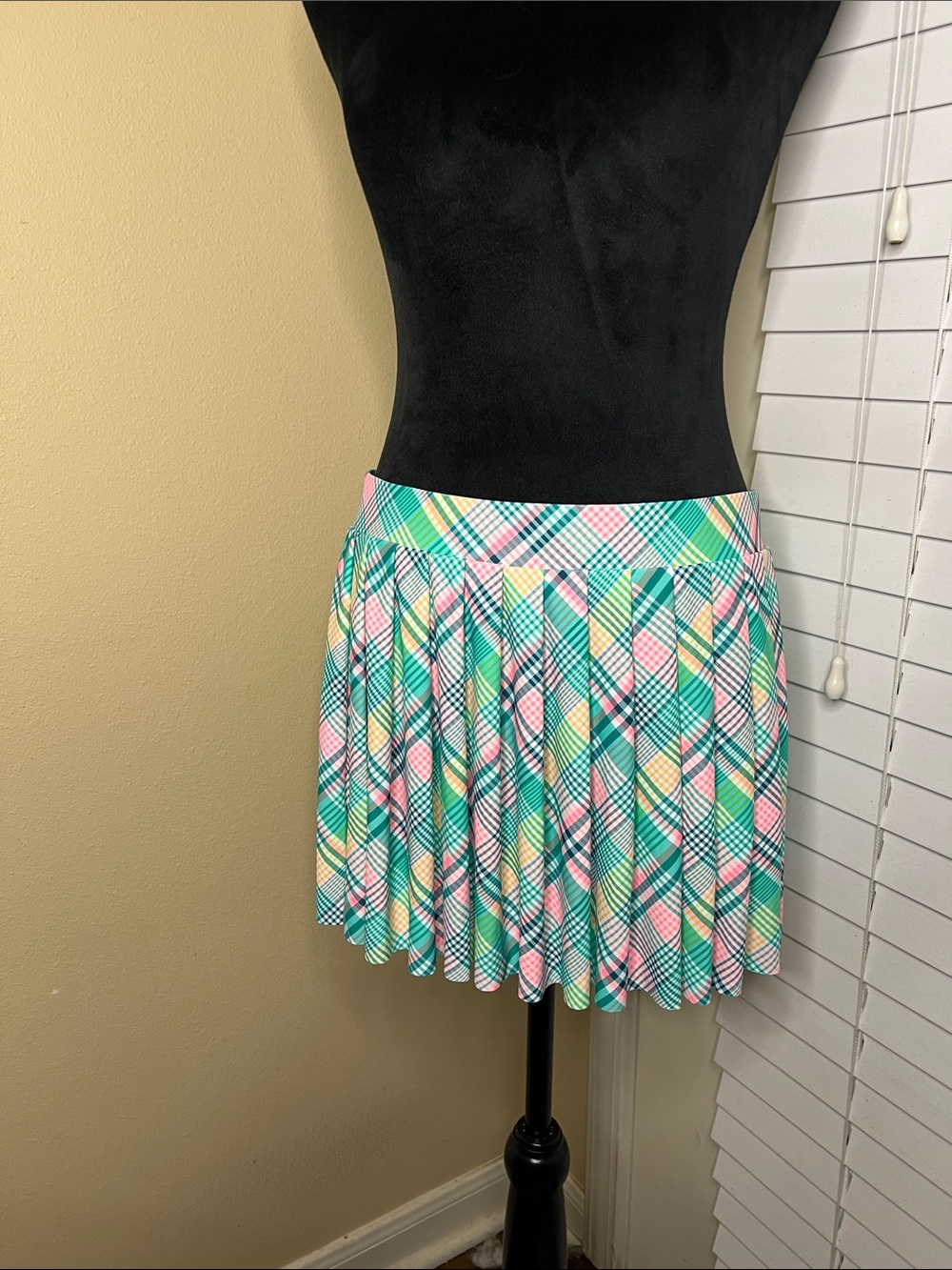 Pleated Plaid Swim Coverup Skirt in Mint Multi